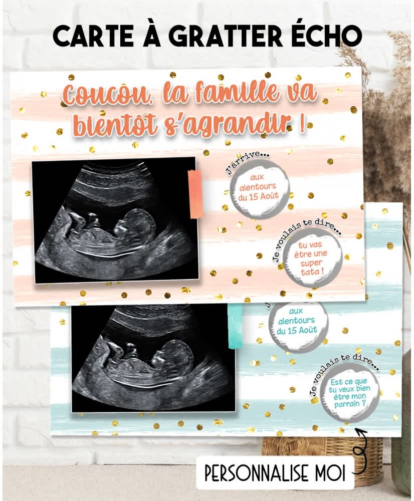 Pregnancy announcement scratch cards featuring ultrasound photos and personalized messages to creatively share the news with family