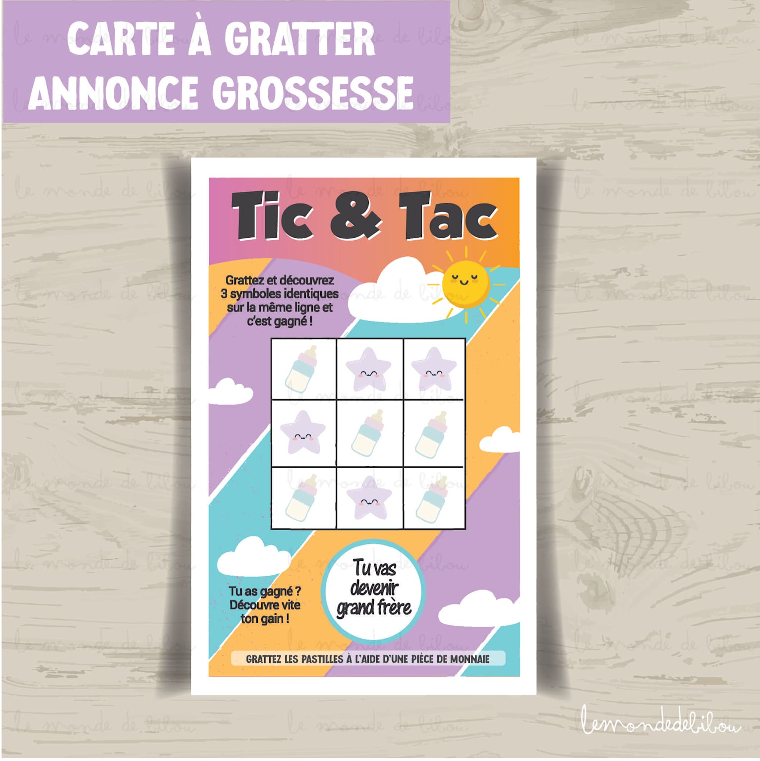 Scratch card pregnancy announcement "Tic & Tac" with playful symbols and message "You are going to become a big brother" in French
