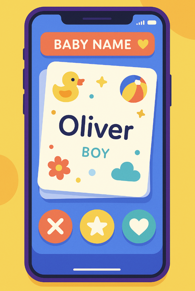 Interface d'application mobile pour choisir un prénom de bébé avec système de swipe