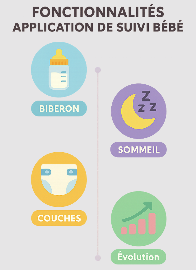 Infographie présentant les principales fonctionnalités d’une application de suivi bébé