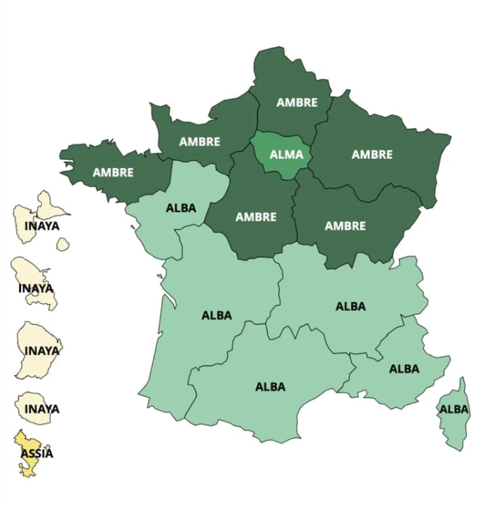 Top des prénoms de filles par région en France pour 2025 montrant des préférences régionales comme Ambre, Alba, Inaya et autres