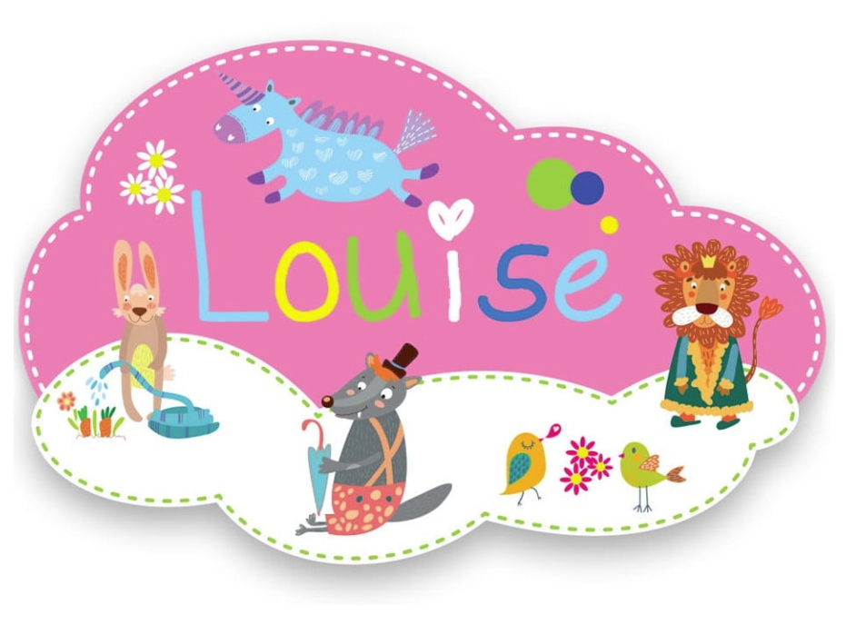 Plaque de porte décorative en bois avec le nom Louise et des illustrations d'animaux ludiques pour une chambre d'enfant