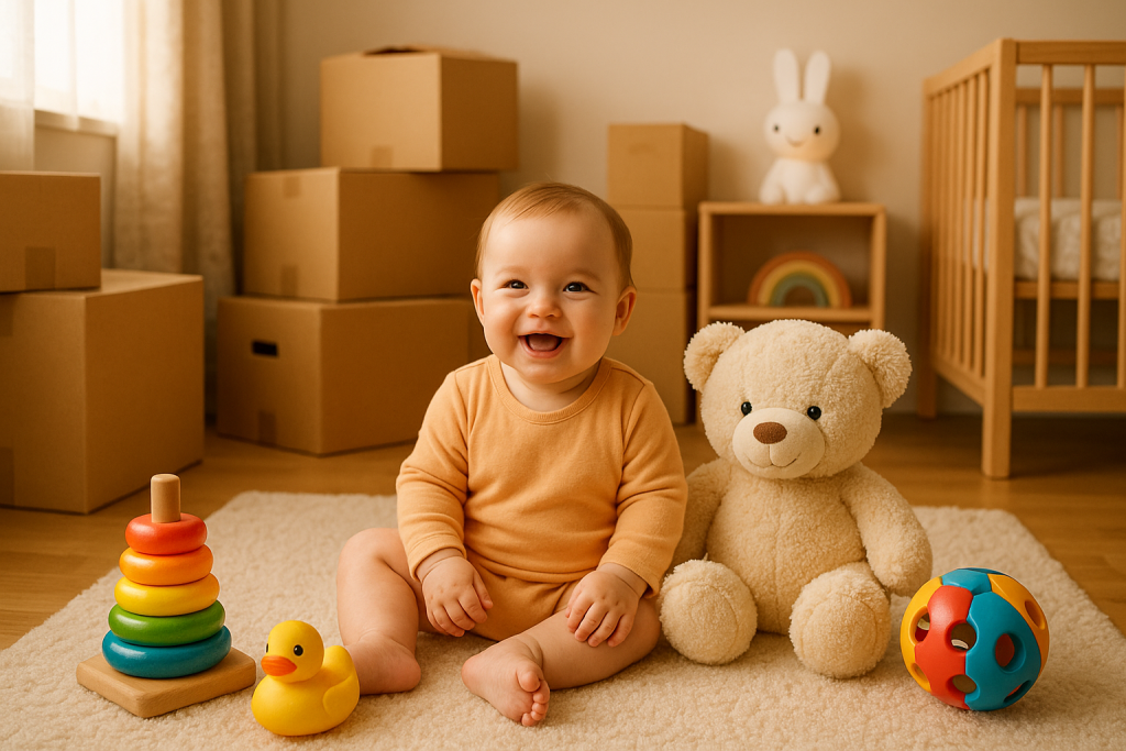 Bébé avec ses objets familiers dans son nouvel environnement