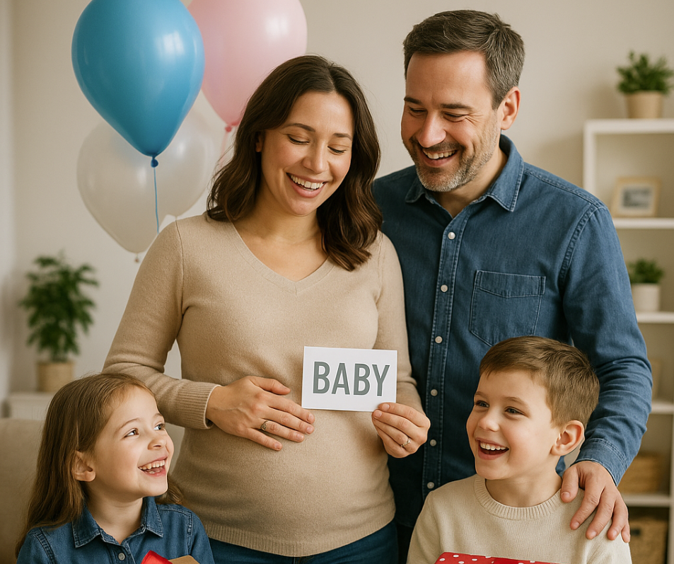 Célébration familiale annonce grossesse avec ballons et cadeaux