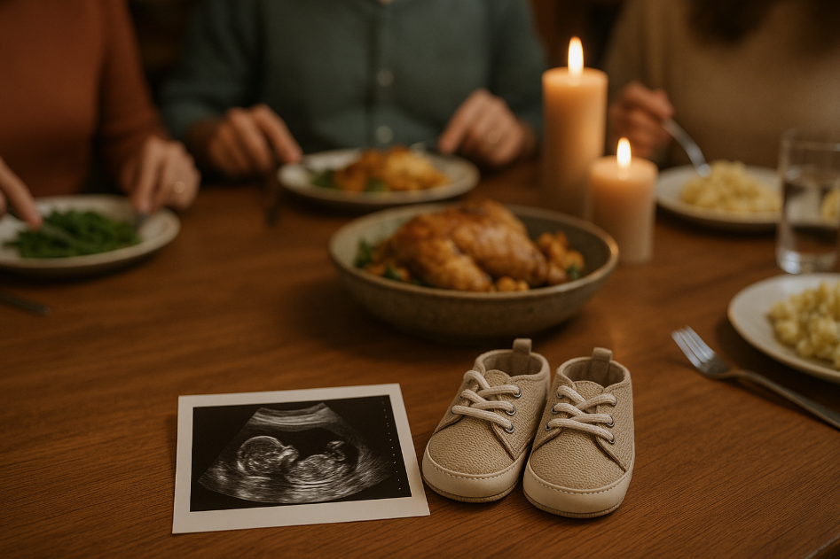 Échographie et chaussons de bébé sur table familiale