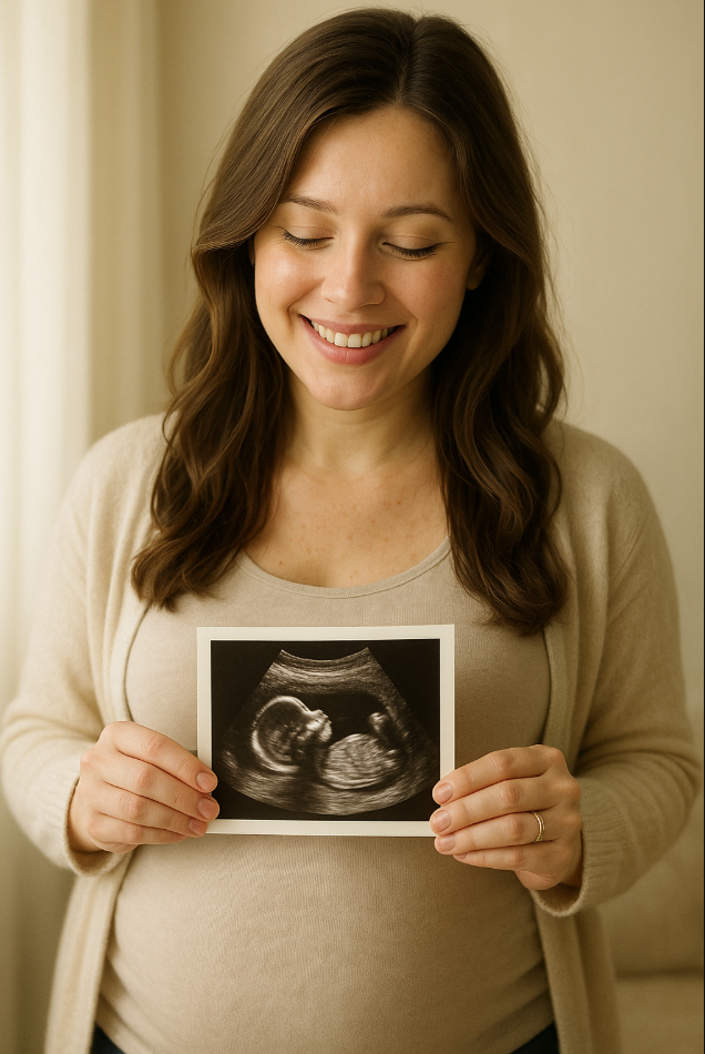 Femme enceinte tenant une échographie pour une annonce de grossesse