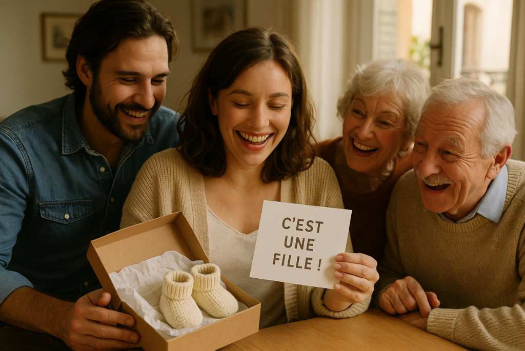 Famille française découvrant l'annonce créative de grossesse avec des chaussons de bébé