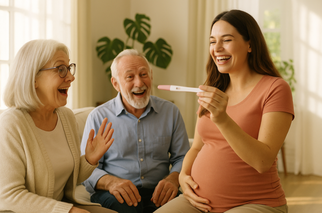 Future maman annonçant joyeusement sa grossesse aux futurs grands-parents